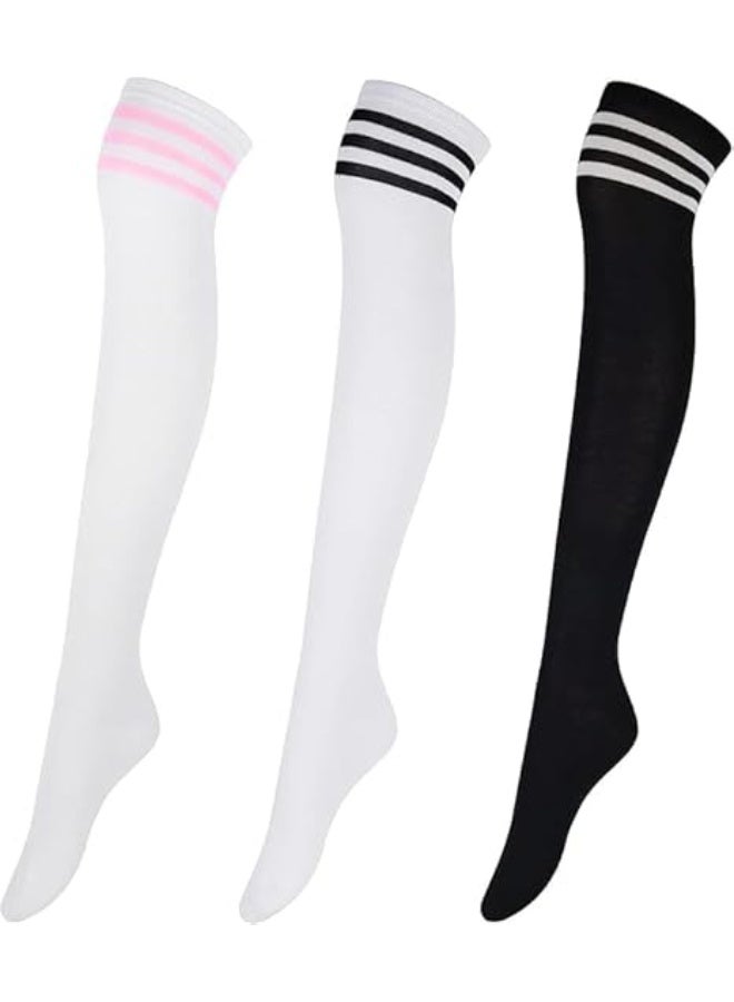 CLENEA جوارب طويلة للبنات، جوارب أنيقة محبوكة، جوارب مدرسية مضلعة، 3 أزواج من الجوارب الأنبوبية بدون خياطة، جوارب أطفال للجنسين من 8 إلى 10 سنوات - Image 1